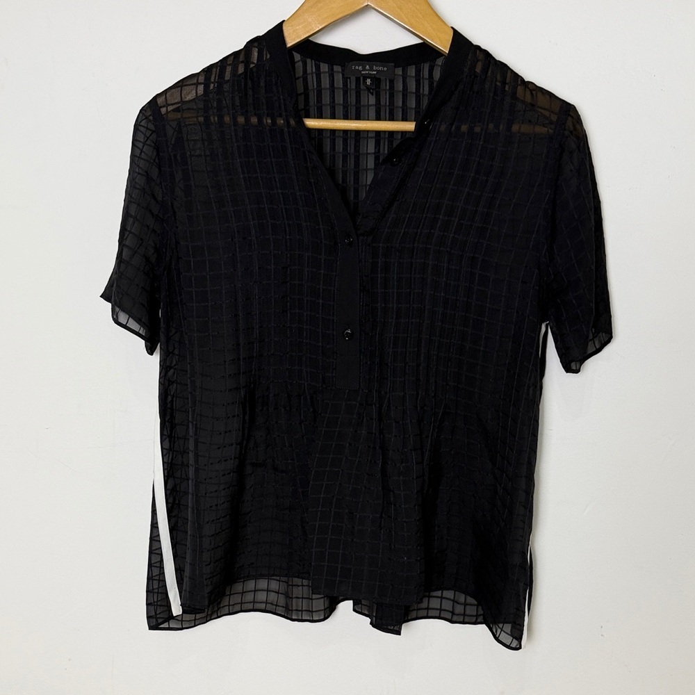 rag & bone Black Sheer Grid-Pattern Short Sleeve Blouse